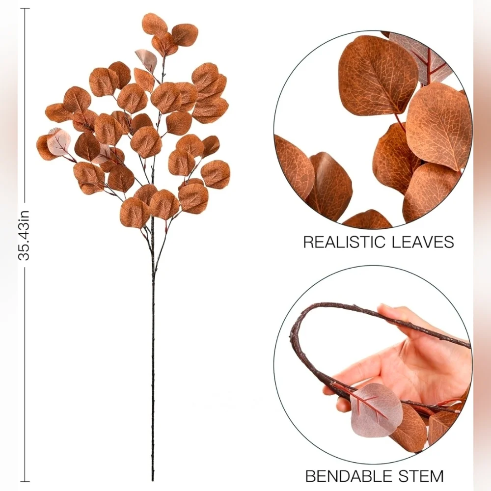 FAKE FAUX BROWN LEAVES STEM DECOR - EUCALYPTUS - LEAF BRANCHES - 5 PIECES